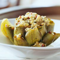 Artichokes Stuffed with Roasted Red Peppers and Feta