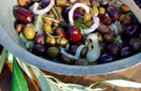 traditional greek cuisine, olives, vegetables, onions, healthy mediterranean food