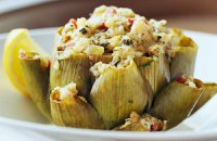 Artichokes Stuffed with Roasted Red Peppers and Feta